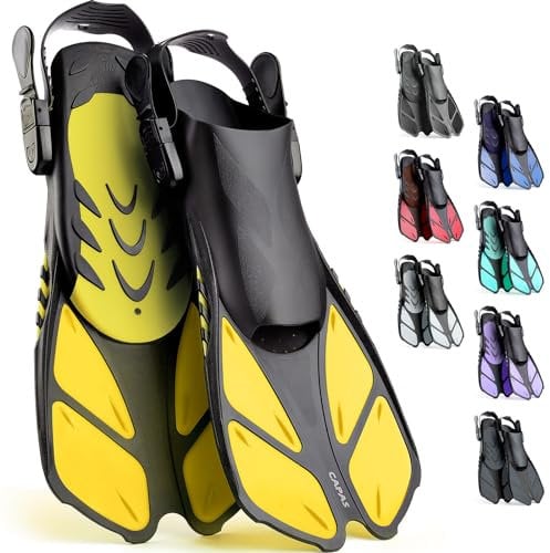 CAPAS Schnorchelflossen, Schwimmflossen Reisegröße Kurz Einstellbar zum Schnorcheln Tauchen Erwachsene Männer Frauen Kinder Offene Ferse Tauchflossen (Gelb, L/XL)