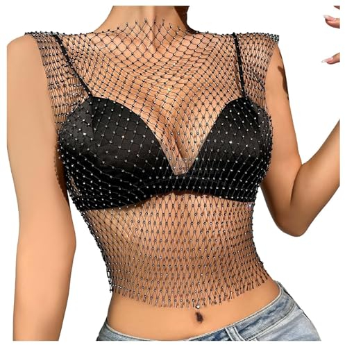 Sexy Strass-Mesh-Tanktops für Damen, durchsichtiges -Crop-Top Schal Mit Blumenmuster