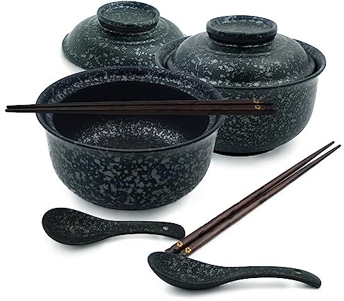 Ceramic Ramen Bowl Tableware Set for 2 Person, Japanese Style Retro Ramen Bowls Set 800ml Noodle Bowl with Chopsticks and Spoons, Soup Bowls with Lid for Microwave & Dishwasher Safe,Classic Black