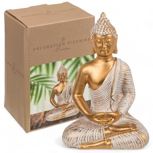 MIJOMA Buddha-Dekofigur, Gold & Weiß, Vintagelook, Polyresin, 14-34 cm Höhe, optional mit Teelichthalter - Spirituelle Ruhe und Eleganz (11 x 9 x 16,5 cm)