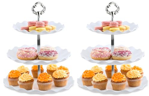TMBMLPP 3-Tier Cupcake Stand, 2 pcs White Afternoon Tea Stands, Dessert Cupcake Stand with Metal Rods, Reusable Plastic Stands for Display Cupcakes Dessert, Cupcake Stands for Party Wedding Birthday