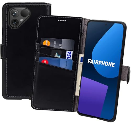 Suncase Book-Style Hülle kompatibel mit Fairphone 4 Leder Tasche (Slim-Fit) Lederhülle Handytasche Schutzhülle Case mit 3 Kartenfächer in schwarz