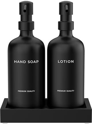 Black Soap Dispenser Bathroom Set - Hand Soap and Lotion Dispenser Set with Tray,Modern Bathroom Decor & Accessories. (Black)