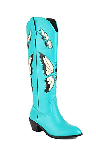 Stivali Moda da donnaStivali Alti da Donna Stivali da Cowboy Western con Bocca a V Stivali da Cavaliere Ricamo Tubo Alto Punta Tonda Tacco Spesso