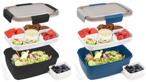 Bugucat Lunchbox Erwachsene 2000ML 2 Set,Auslaufsichere Brotdose Erwachsene Bento Box mit Fächern für Kinder,Salatbehälter Salatbox to Go mit Gabel,Brotdose Frühstücksbox für Schule,Blau+Schwarz