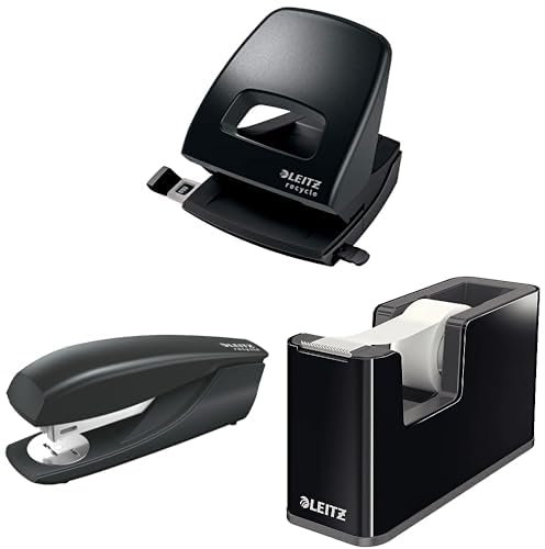 Leitz Set Recycle-Locher + Heftgerät für 30 Blatt inkl. Heftklammern und integriertem Entklammerer + Klebebandabroller inkl. Klebeband, Schwarz, 50030095 + 56040095 + 53640095