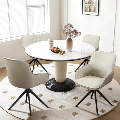 Esszimmerstühle Beige 4er Set,Leder und Samt Armlehnstuhl mit Metallbeine,Drehbar Sessel mit Armlehnen,Rückenlehne Drehstuhl, Küchensessel, Polsterstuhl Wohnzimmerstuhl für Wohnzimmer,Büro,Esszimmer