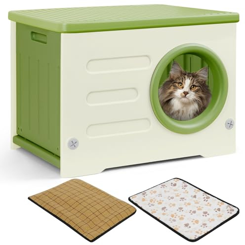 Kunststoff-Katzenhaus für Den Innen- und Außenbereich Wetterfester Unterstand Erhöhtes Design mit Doppelseitigen Matten Katzenhaus für Alle Jahreszeiten (Grün, 54 * 41 * 38)