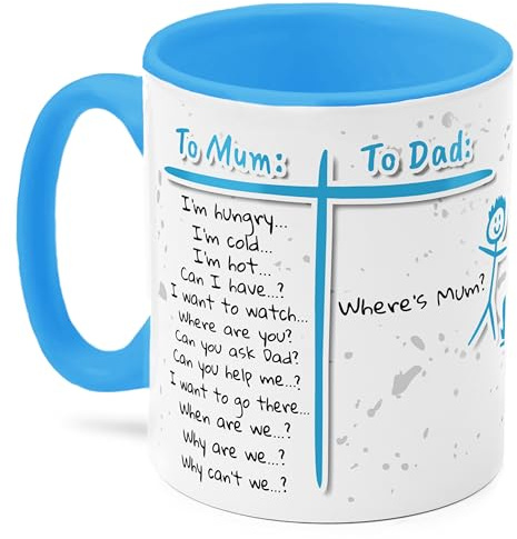 Funny Mug for Parents to Mum: I'm Hungry... to Dad: Where's Mum? Mother's Day, Father's Day, Birthday or Christmas Idea Novelty Coffee Cup in 5 Colour Options (Blue)