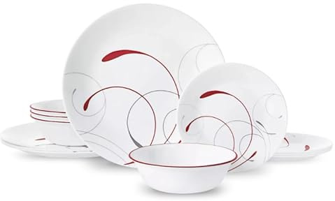 JYBNBBE Vaisselle en céramique 12 pièces, Assiettes Plates, Service de Table, Service de Vaisselle, Blanc et Rouge