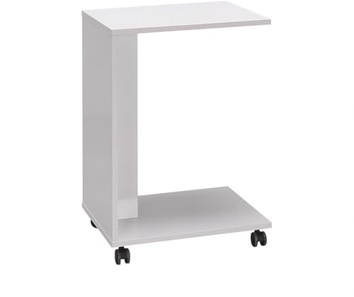 FWStyle Matt White Mobile Sofa End Laptop Table – Under Sofa Side Table on Wheels, Scratch Resistant Finish, Small Modern Coffee & Snack Table for Living Room