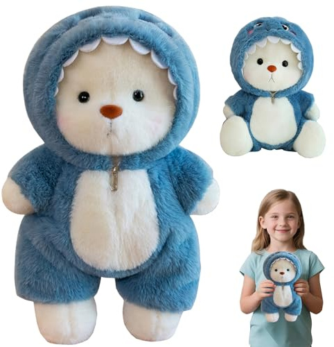 Teddybär Plüschtier mit Hai Kostüm, 30cm Teddy Plüschtier, Interaktiver Teddy-bär Kuscheltier mit Reißverschluss Outfit, Ted-dybär Plüsch, Plüsch-Bär, Kreatives Geschenk für Kinder Jungen Mädchen