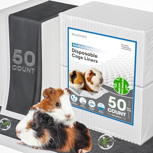 BUCATSTATE Einweg PIPI Pads für Meerschweinchen 50 Stück, 6 Lagen Super Saugfähig Kleintier Pee Pads, Pipipads Bambuskohle für Geruchskontrolle – Ideal für Kaninchen, Frettchen (60 x 45cm)