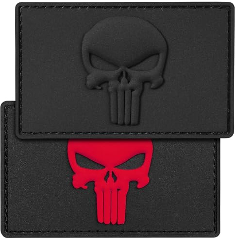 ALPENWOLF Klett-Patch 2er Set 8×5 cm – PVC 3D Totenkopf Schwarz und Rot im Punisher-Stil – Aufnäher für Rucksack, Cap, Weste & Kleidung