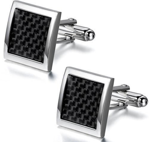 JewelryWe Herren Manschettenknöpfe, Klassiker Quadrat, Kohlefaser Inlay Legierung, Hemd Manschetten Knöpfe, Schwarz Silber