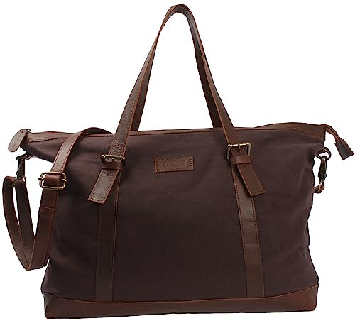 LECONI Weekender Canvas + Rinds-Leder Freizeittasche Reisetasche XL Shopper Damen + Herren Handgepäck Sporttasche Retro-Look 50x36x15cm mokka LE2013-C