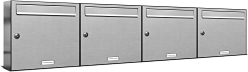 AL Briefkastensysteme 4er Briefkastenanlage Edelstahl, Premium Briefkasten DIN A4, 4 Fach Postkasten modern Aufputz
