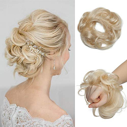 Haarteil Haargummi Echthaar Haarknoten für Frauen Dutt Haarteil Hochsteckfrisuren 23g Gewellt Hair Bun Extensions 100% Echthaar 60# Platinblond
