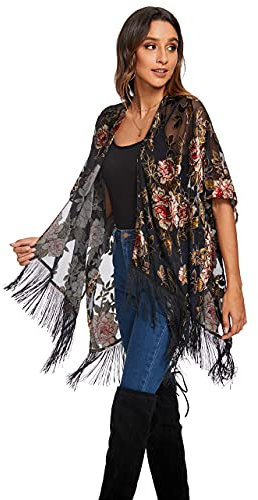 MJ SERECA Women's Burnout Velvet Kimono Cardigan Cover Up with Tassel, Jypj-6