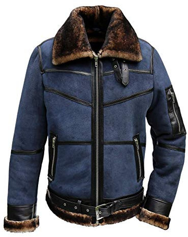 Herren Lammfelljacke B16 Blau Fliegerjacke Pilotenjacke U.S. Air Winterjacke echtes Merino Schaffell Lederjacke Felljacke Fashion Jacke Größe XL