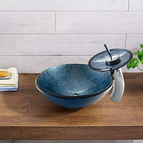 HomeLava Mini Gehärtetes Glas Waschbecken Modern Aufsatzwaschbecken Waschschale Aufsatzwaschtisch Spülbecken Becken für Gäste WC Badezimmer 30cm mit Ablaufgarnitur und Wasserfall Wasserhahn