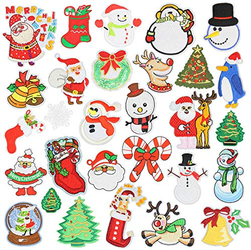 Weihnachtliches Bügelbild, 30 Stück, Weihnachtsmann, Schneemann, Schneemann, Schneemann, Elch, bestickte Applikationen für Weihnachten, Festival, Party, Stoff, Hut, DIY-Dekor
