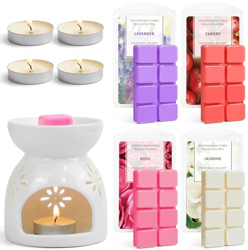 SCENTORINI Wax Melt Burner, Scented Oil Burner with 4 Scented Soy Wax Melts, Oil Burner for Wax Melts, Candle Wax Burner, Ceramic Oil Burner, Wax Melts Gift Set for Birthday, Mother's Day