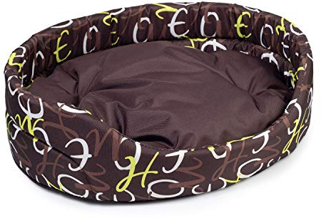 BOUTIQUE ZOO Hundebett | Oval Hundekissen für Hunde oder Katzen | Kratzfest Hundeliege mit Kissen | Hundekorb | Waschbar Polyester (L: 57 x 52 cm, Braun mit Muster)