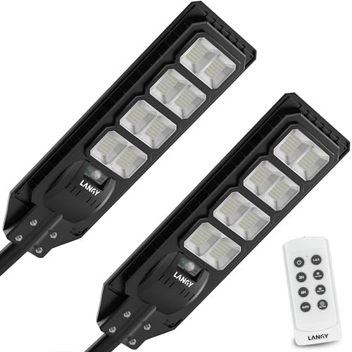 LANGY 2PACK Lampada da esterno per lampada solare da 20000 lumen con telecomando, sensore di movimento crepuscolare all'alba, lampada da esterno alimentata a energia solare IP65 impermeabile