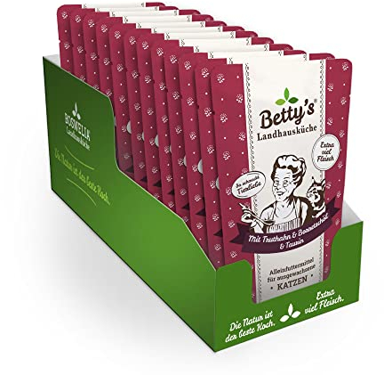 Betty‘s Landhausküche Frischebeutel Pouches Nassfutter Katze, Huhn & Truthahn mit Borretschöl 12 x 100 g, getreidefrei, beste Qualität, hochwertiges Fleisch, schonend gegart, hohe Bioverfügbarkeit