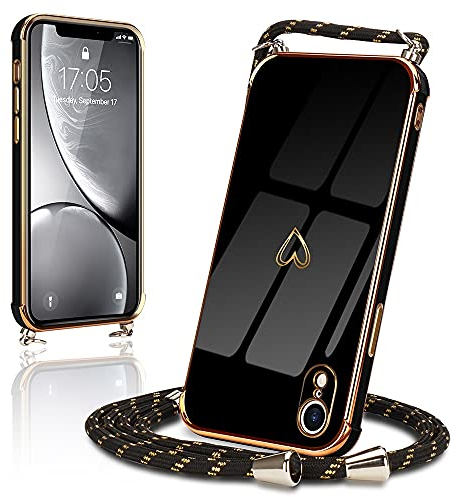 Micoden Handykette kompatibel mit iPhone Xr Hülle Ultra dünn Kameraschutz Herz Love Design Galvanik TPU Silikon Bumper Kordel zum Umhängen Handyhülle mit Band Schutzhülle,Schwarz