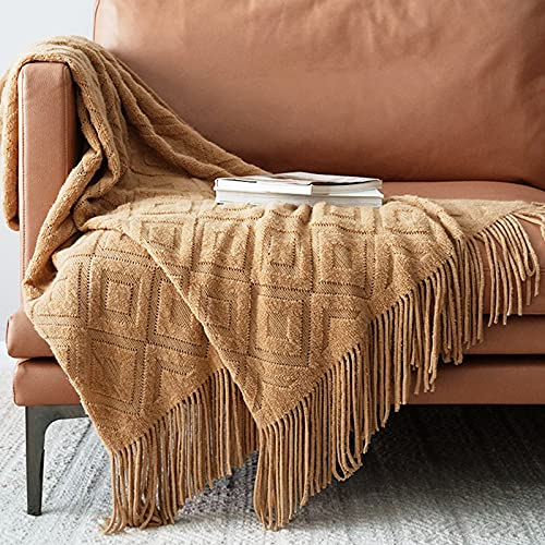 LumiSyne Gestrickte Decke Mit Quaste Einfarbig Jacquard Diamanten Muster Kuscheldecke Strickdecke Tagesdecke Überwurf Couchdecke Dekorative Decke Für Sofa Bett Beige 180x240cm