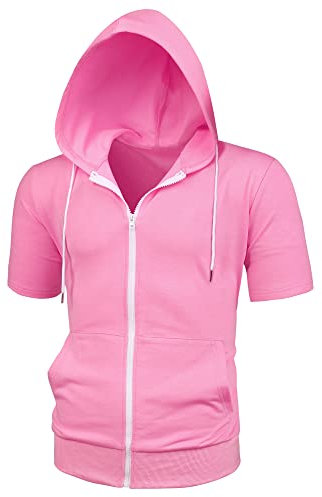 Lars Amadeus Men's Hoodies Solid Color Zip Up Short Sleeve Jackets with Hood Pink L