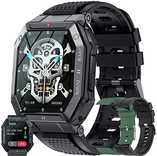 Montre Connectée Homme Appel Bluetooth, 1.85'' IP69K Étanche Montre Intelligente Militaire Smartwatch avec 24 Modes Sport, Moniteur Fréquence Cardiaque, Tensiomètre, SpO2, pour Android iOS Noir