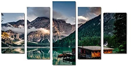VEYEBZ 5 Stück Gerahmte Leinwand Malerei Kunst Abstrakte Modulare Poster 150×80Cm, Schneeberge, Seen, Wälder, Holzhäuser Familie Schlafzimmer Wohnzimmer Dekor Möbel Hd Wandbild Drucken Geschenk