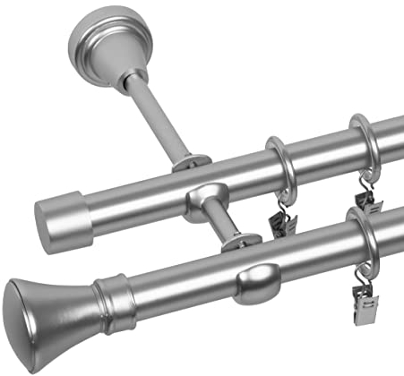 RENA Gardinenstange Vorhangstange 2-läufig - 19 mm - aus Metall - Lautlose Rollen - Komplettset - Chrom Matt 360cm |Monako