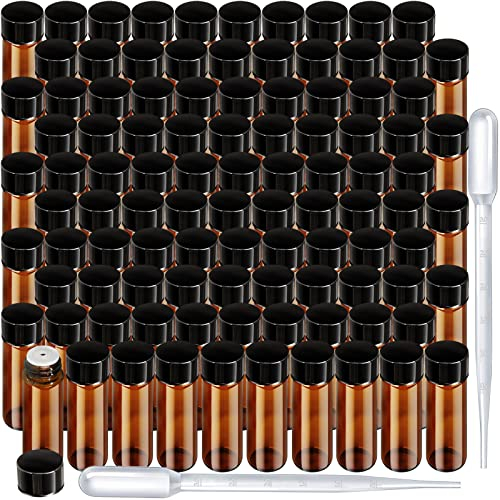FANDAMEI 100 x 5 ml Braune Leere Glasflaschen, Fläschchen für Ätherische Öle, Mini Glasflasche mit Tropfer, Orifice Reducers, Perfekt für Ätherisches Öl, Spa, Massage, Aromatherapie