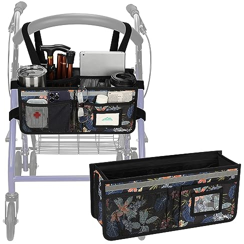 supregear Rollatorkorb, Große Kapazität Organizer Tasche mit Mehreren Taschen, Faltbarer Universeller Wasserfester Aufbewahrungsbeutel für Senioren, Schwarz Geblümt