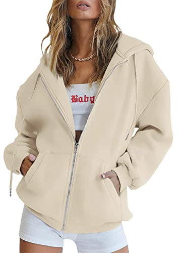 Jhsnjnr Womens Casual Hooded Jackets Long Sleeve Zip Up Hoodie with Pockets Oversized Sweatshirt Beige
