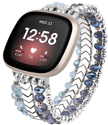 VISOOM Perlenarmband Kompatibel mit Fitbit Versa 4 Armband Damen, Glitzer Mode Beaded Boho Schmuck Ersatzband Fitbit Sense Armband, Blau