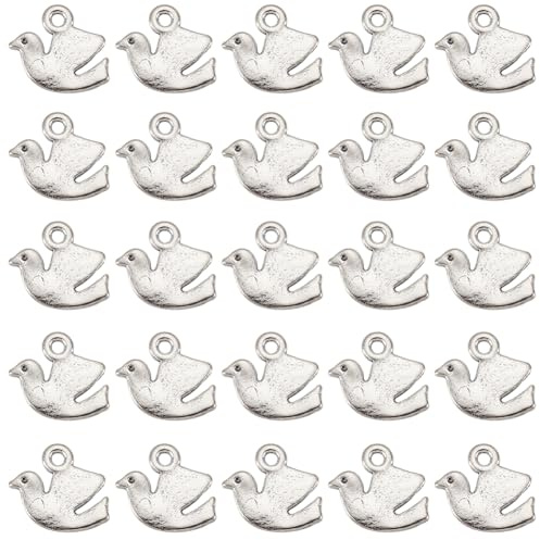 SUNNYCLUE 1 Box 100 Stück Friedenstauben Charms Tauben Charm Bulk Vogel Taube Legierung Taube Silber Hohl Mini Tier Offener Rahmen Tauben Charms Für Die Schmuckherstellung Charms DIY Basteln Ohrringe