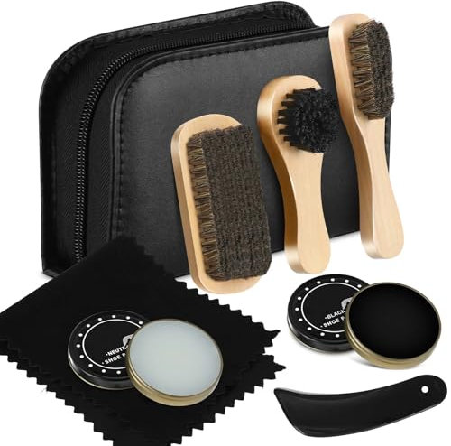 Loopeer Kit completo de esmalte de zapatos, kit completo de limpieza de zapatos, kit de cuidado de brillo para zapatos, caja de cepillo para botas para hombres y mujeres, color negro, Negro y