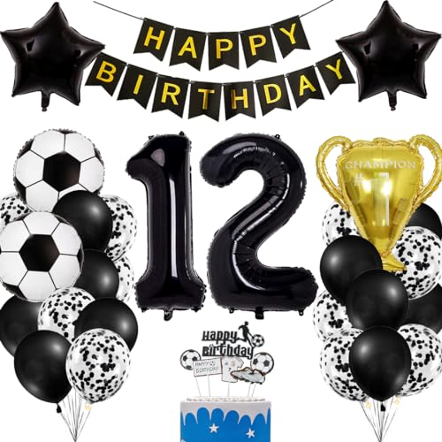 Fussball Luftballon 12 Geburtstag Jungen, Fußball Deko Schwarze Gold 12. Geburtstag Kinder, Fussball Ballon Geburtstagsdeko 12 Jahre Junge, Fussball Party Deko Kindergeburtstag Tortenaufleger