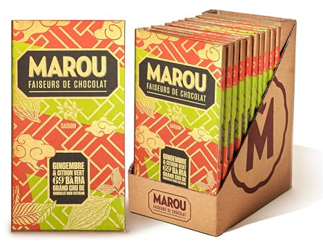 MAROU - Tablette Chocolat Noir 69% Gingembre & Citron Vert - Grand Cru Ba Ria - 80 g - Sans Lécithine, Sans Gluten - Origine Vietnam (Boîte de 10)
