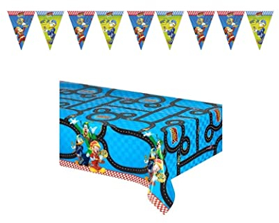 ALMACENESADAN, 5117, Pack fiesta cumpleaños; pack mantel fiesta 120x180cm y lineal de banderines de 2,40 metros aprox; de la licencia (Mickey Mouse y los superpilotos)