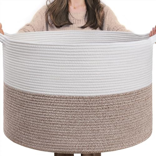 TIMEYARD XXL Groß Wäschekorb, Korb Aufbewahrung, Aufbewahrungskorb Kinderzimmer, Wäschekorb Kinder, Groß Weihnachtsbaum Korb, Körbe für Decken, 55x35cm, Weiß und Braun