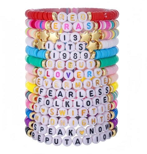 Shengxi 14 Stück Tay-lor Album Inspiriertes Armband Set Boho Scheiben Armband Heishi Perlen Stretch Armband Stapelbare Freundschaftsarmbänder Buntes Perlen Stretch Armband für Mädchen TS-Fans