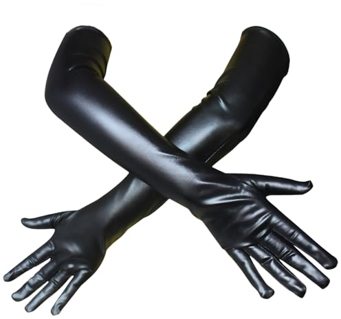 Hioip Women's Faux Leather Sexy Long Gloves, Wet Look Gloves Women Fancy Dress 80's Gloves Opera, Shiny Look Adult Latex Sexy Long Gloves for Daily Costume Cosplay Evening Party Wedding (Black)