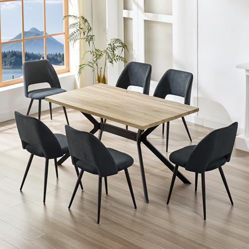 ANVOFONG Essgruppen Esstisch mit 6 Schwarz Stühlen,140 x 80 x 76 cm Rechteckig Esstisch aus helles Holzfarbe,Esszimmerstühle mit Skelettierte Rückenlehne,für Küche Esszimmer und Wohnzimmer