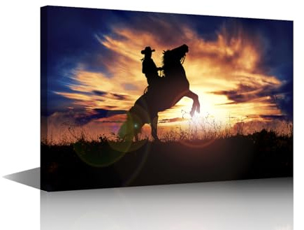 Moderne Wandkunst, Cowboy, der sein Pferd bei Sonnenuntergang aufzieht, Bilder auf Leinwand für Zuhause, Büro, Wanddekorationen, gespannt, gerahmt, fertig zum Aufhängen, 61 cm B x 40,6 cm H